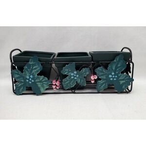 Vintage Square 3 Green Clay Pots With Metal Ivy Leaves Planter Rack 11" x 4"
